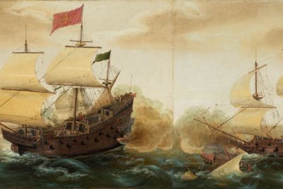 دانلود نقاشی مواجهه کشتی های جنگی هلندی و اسپانیایی اثر کورنلیس وربیک