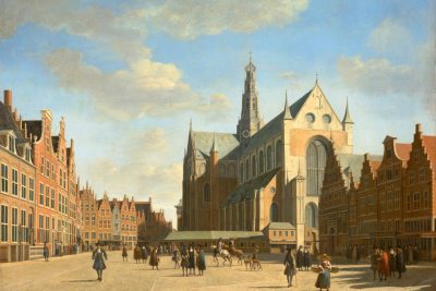 دانلود نقاشی بازار بزرگ و کلیسای باوو قدیس در هارلم اثر گریت برکهید