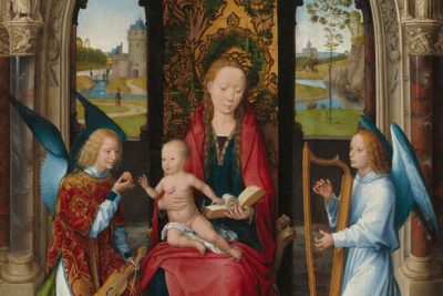 دانلود نقاشی مدونا و کودک با فرشتگان اثر هانس مملینگ