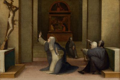 دانلود نقاشی کاترین قدیس از سیه نا در حال دریافت الهام اثر دومنیکو بکافومی